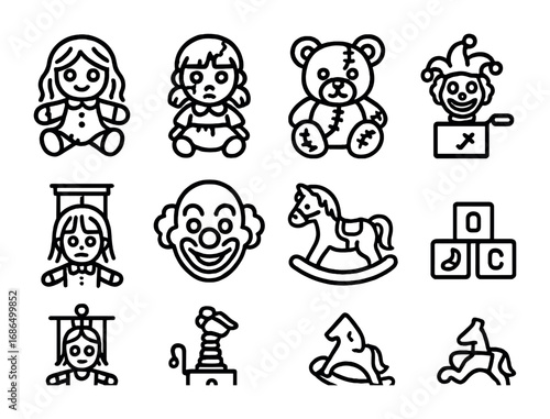 Creepy Doll Icons. Outline icon set of creepy dolls and toys: ragdoll, cracked porcelain doll, teddy bear with