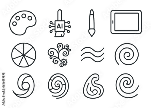 Generative Art Tool Icons. Outline icon set of generative art tools: paint palette, AI brush, stylus pen,
