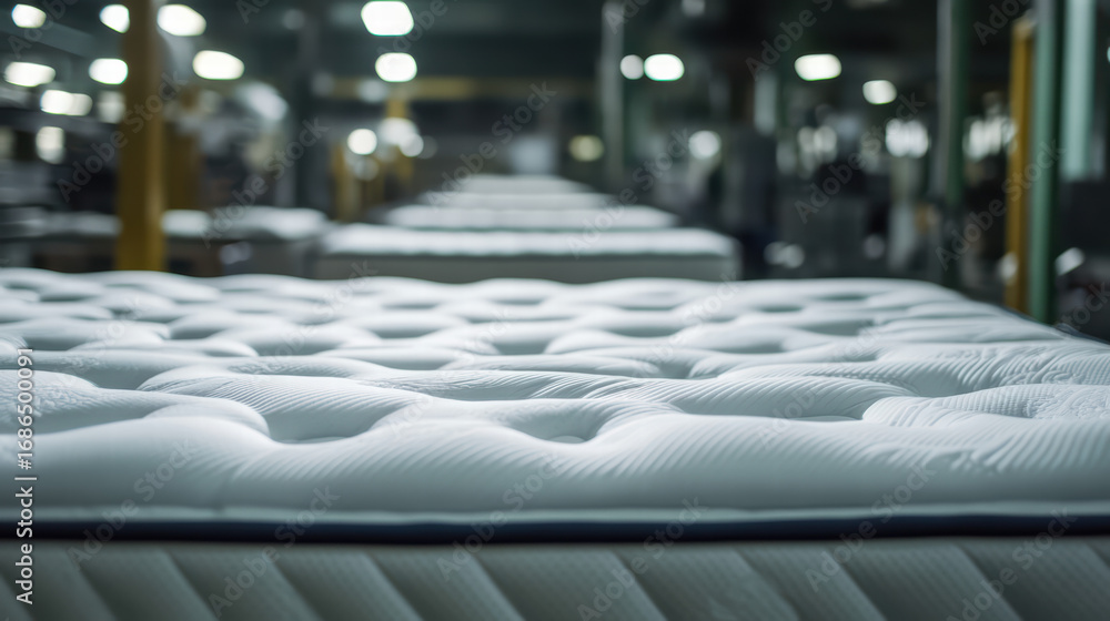 Fototapeta premium Factory Mattress Production: A line of pristine, newly-manufactured mattresses glides through a factory setting, emphasizing the scale and precision of industrial manufacturing.