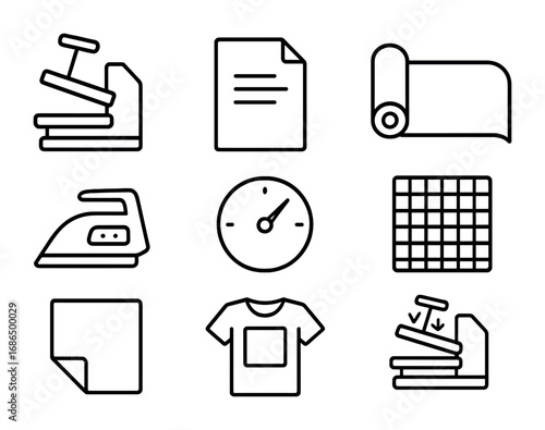 Heat Transfer Icon Set. Outline icon set of heat transfer printing: heat press machine, transfer paper, vinyl