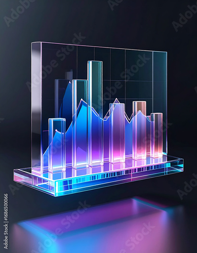 Dynamic 3D glass bar chart and line graph showcasing abstract financial data visualization and business analytics against a dark background with glowing neon light effects