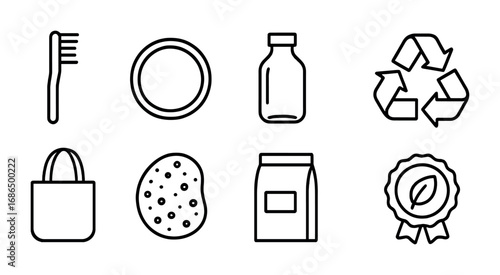 Eco Beauty Icons. Outline icon set of eco-friendly beauty: bamboo brush, reusable pad, glass bottle, recycling