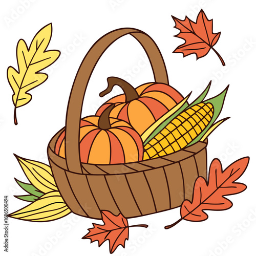 Harvest Basket with Pumpkins and Corn – Festive Thanksgiving Vector Illustration. Perfect for: harvest festival posters, seasonal marketing, farm branding