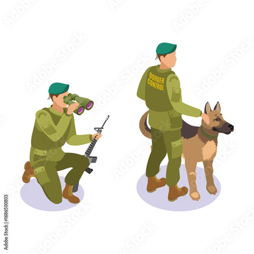 Isometric illustration of border control officers on duty with a sniffer dog and binoculars