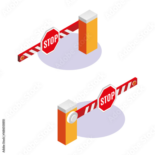 Isometric Illustration of an Automated Red and White Barrier Gate with a Stop Sign for Access Control
