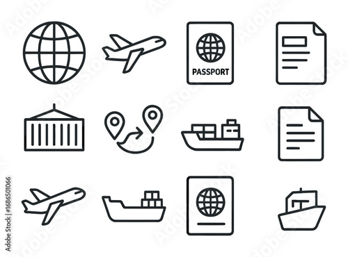 International Shipping Icons. Outline icon set of international shipping: globe, cargo plane, passport,