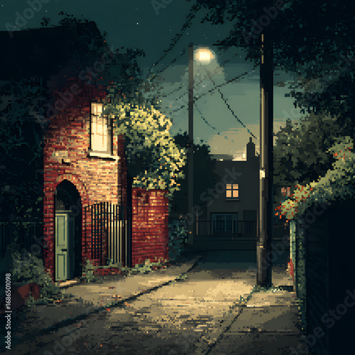 Pixelated Night Scene with Streetlight in Dark Alley Surrounded by Brick Walls and Lush Greenery