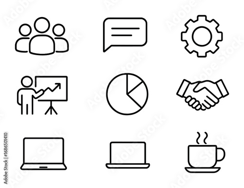 Corporate Teamwork Icons. Outline icon set of corporate teamwork: group of people, chat bubble, gear,