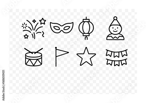 Festival Icon Set. Outline icon set of festival collection: fireworks, mask, lantern, costume, drum, flag,