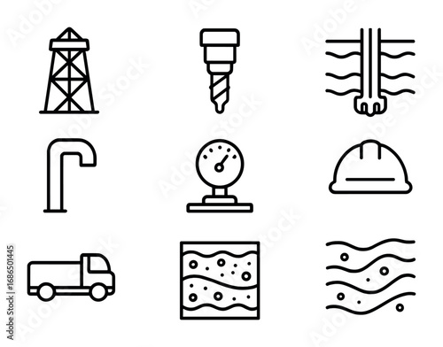 Geothermal Drilling Icons. Outline icon set of geothermal drilling: drilling rig, drill bit, underground