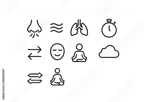 Breathing Exercise Icons. Outline icon set of breathing exercises: nose icon, wave lines, lungs, timer, arrows