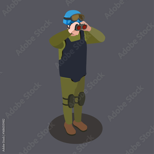 Isometric illustration of a military soldier performing surveillance with binoculars