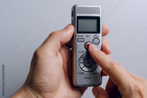 Wallpaper Mural 手に持ったボイスレコーダーの録音ボタンを押す瞬間 Torontodigital.ca