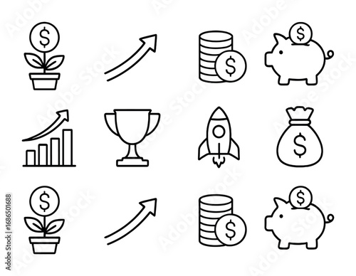 Financial Growth Icons. Outline icon set of financial growth: money plant, upward arrow, coin stack, piggy