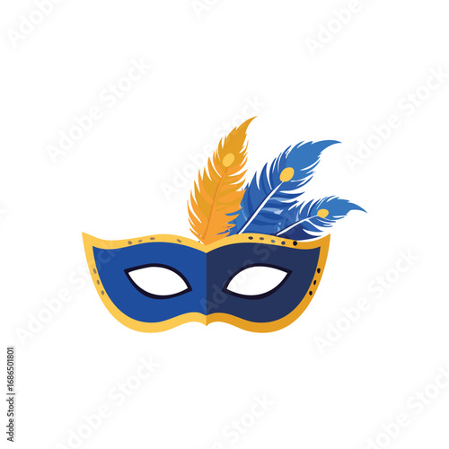 A vibrant blue and gold masquerade mask adorned with colorful feathers.
