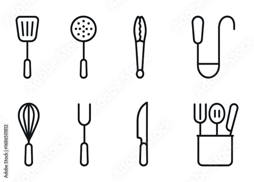 Cooking Utensil Icons. Outline icon set of cooking utensils: spatula, slotted spoon, tongs, ladle, whisk, fork
