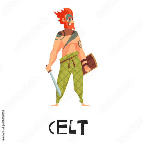 Cartoon Celt Warrior with Sword and Shield Illustration