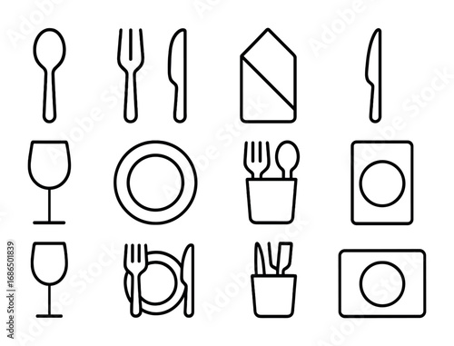 Dining Cutlery Icons Grid. Outline icon set of dining table cutlery: spoon, fork, knife, napkin, glass, plate,