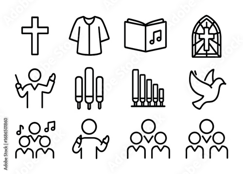 Church Choir Icons. Outline icon set of church choir: cross, choir robes, hymn book, stained glass, conductor,