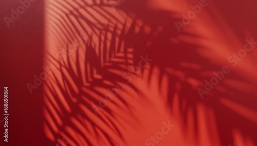 Tropical palm leaf shadow on red wall, minimal abstract nature background, modern sunlight silhouette aesthetic, creative summer vibe overlay, warm boho design texture for trendy digital art