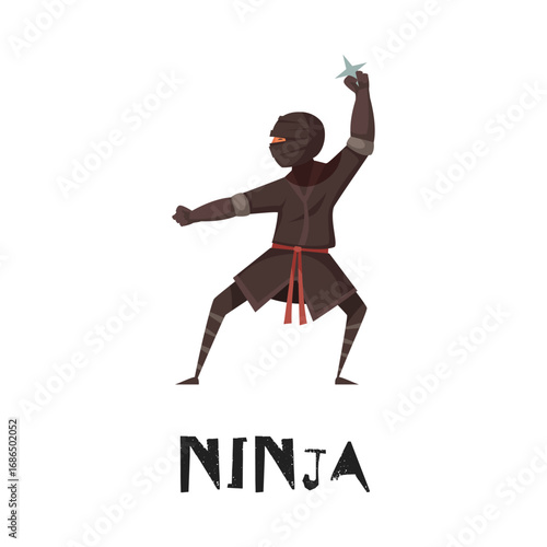 Agile cartoon ninja in action pose, holding a shuriken, embodying ancient warrior spirit and martial arts