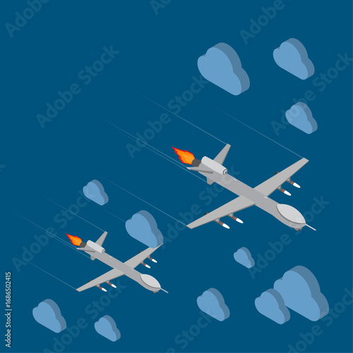 Set concept of modern warfare with unmanned combat aerial vehicles launching rockets