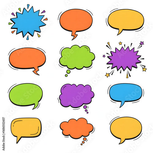This colorful vector set features various speech bubbles, thought clouds, and comic explosion bursts in bright colors with black outlines.
