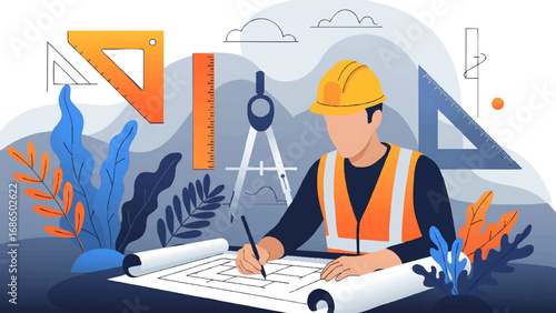 architect wearing a helmet and vest, sitting at a drafting table while drawing a blueprint