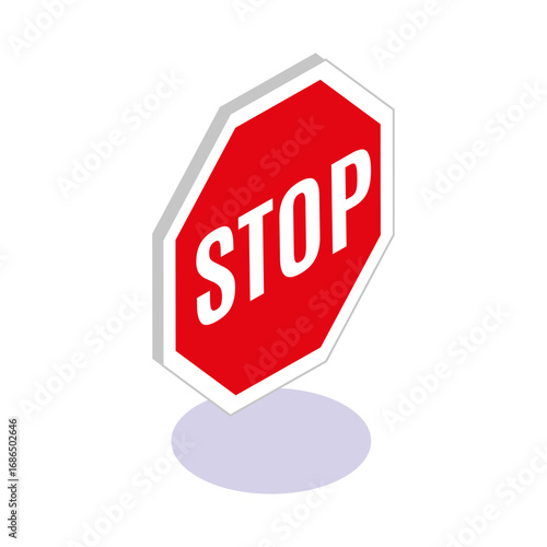 Isometric view of a vibrant red stop sign with white text, isolated on white