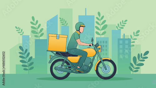 courier riding a motorcycle with a delivery box on the back