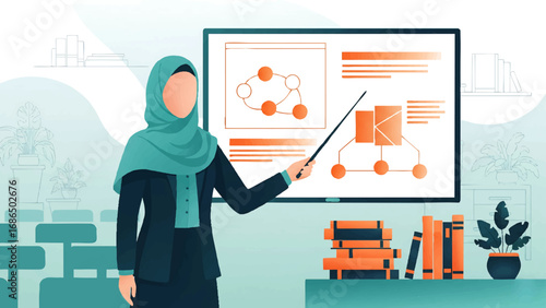 hijab female teacher in formal attire, presenting with a pointer at a big screen with diagrams