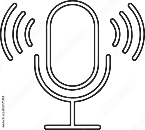 Simple outline icon of a vintage microphone with sound waves emanating outwards