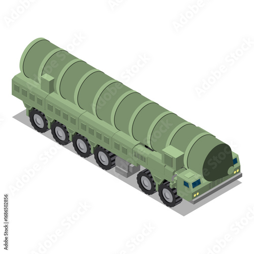 Isometric vector illustration of a mobile ballistic missile launcher vehicle