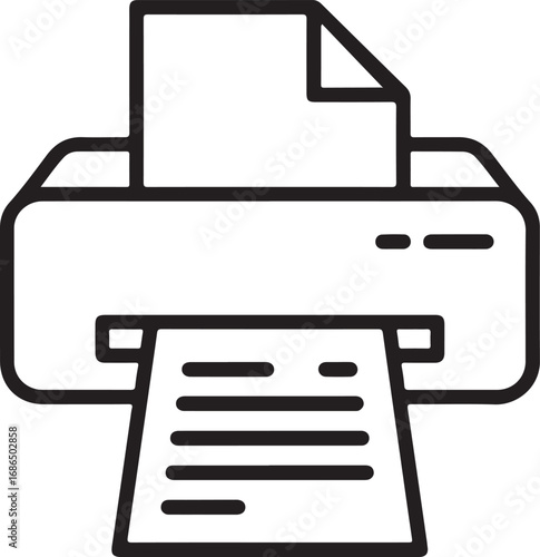 Simple line art icon of a printer printing a document with paper in tray