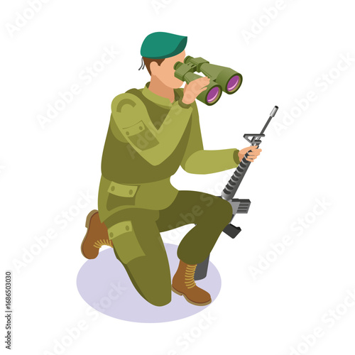Soldier with binoculars and rifle on his knees observing