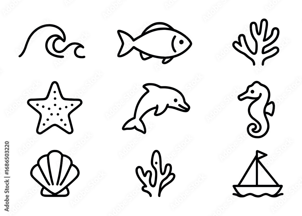 Fototapeta premium Ocean Icon Set. Outline icon set of ocean themes: wave, fish, shell, coral, starfish, dolphin, seahorse, boat.
