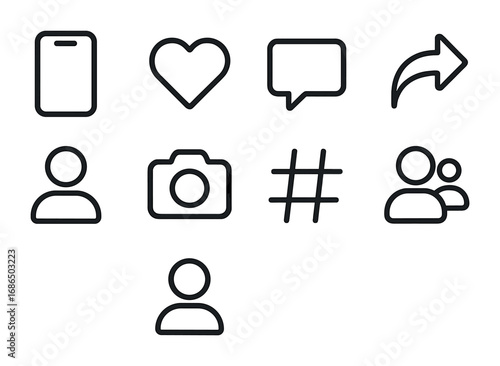 Social Media Icons. Outline icon set of social media apps: smartphone, like heart, comment bubble, share arrow