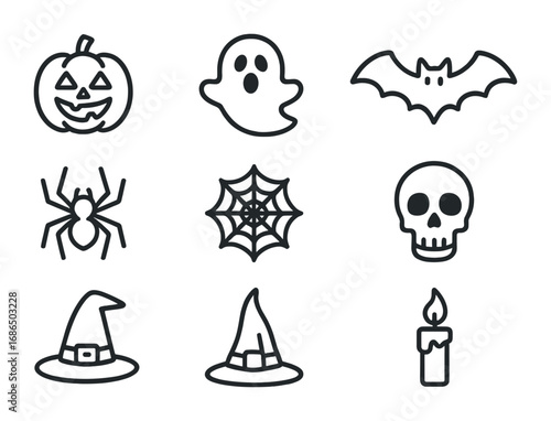 Halloween Icon Set. Outline icon set of Halloween decoration: pumpkin, ghost, bat, spider, cobweb, skull,