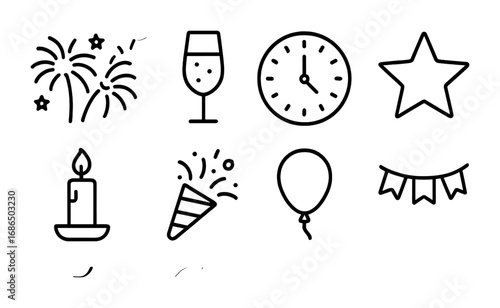 New Year Decor Icons. Outline icon set of New Year home decor: fireworks, champagne glass, clock, star, candle