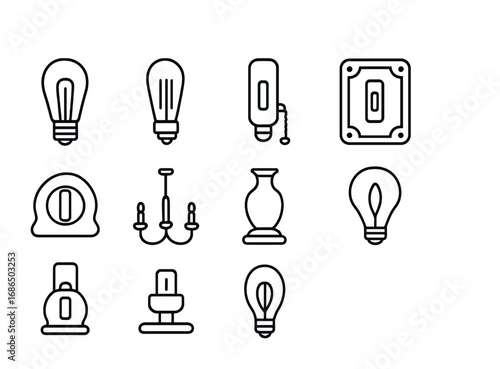Decorative Lamp Switch Icons. Outline icon set of decorative lamp switches: vintage bulb, Edison lamp, chain