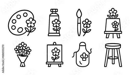 Painting Tools Icons. Outline icon set of painting tools with flowers: palette, paint tube, brush, easel,