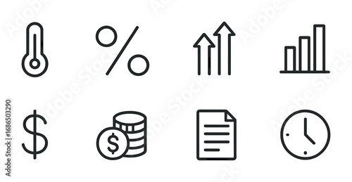 Inflation Icon Grid. Outline icon set of inflation and interest rates: thermometer, percentage, arrows up, bar