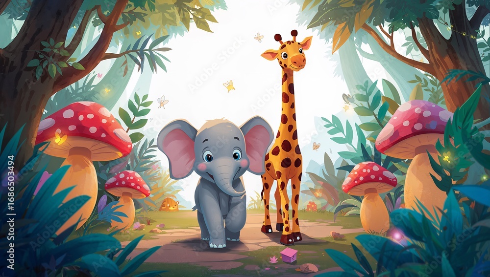 Obraz premium A whimsical illustration of a cute baby elephant and a giraffe standing in an enchanted forest with colorful glowing mushrooms