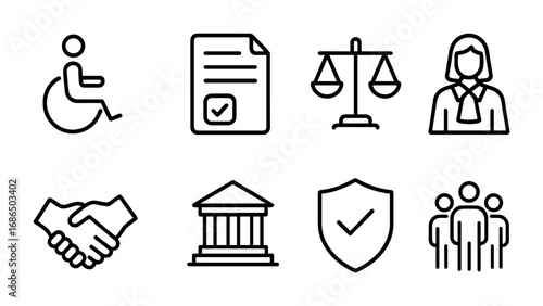 Disability Rights Icon Set. Outline icon set of disability rights support: wheelchair, document, scales,