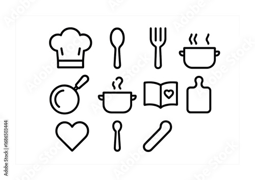 Cooking Icon Set. Outline icon set of cooking together: chef hat, spoon, fork, pan, steaming pot, recipe book,