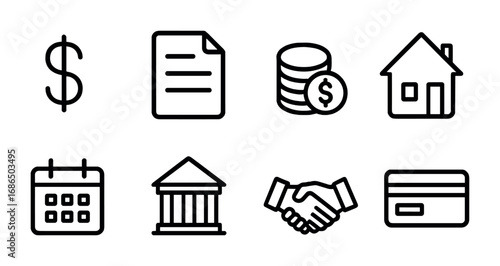 Housing Subsidies Icons. Outline icon set of housing subsidies: dollar sign, document, coin stack, house,