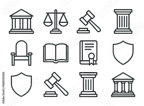 Justice System Icons. Outline icon set of courts in the justice system: courthouse, scales, gavel, pillars,