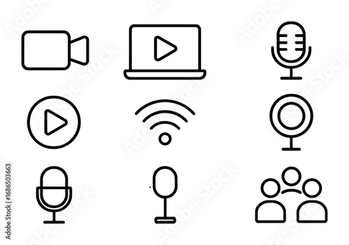 Live Streaming Icons. Outline icon set of live streaming: camera, laptop, chat bubble, microphone, play button