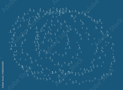 A swirling vortex of interconnected human figures representing a complex social system, data flow, and digital community on a blue background