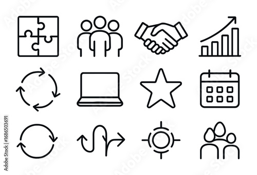 Teamwork Icons Grid. Outline icon set of teamwork and collaboration: puzzle pieces, group of people, handshake